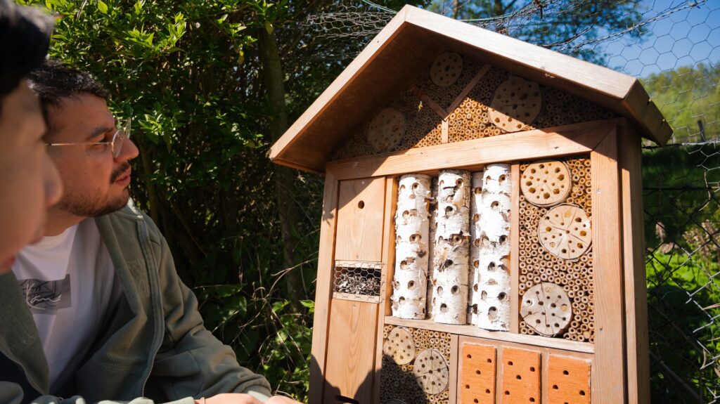 Begeleider en jongere bekijken het insectenhotel in de tuin